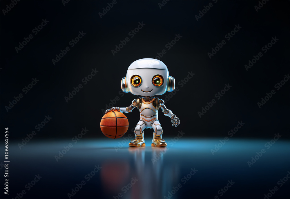 A small, white robot with orange eyes holds a basketball in front of a dark blue background.