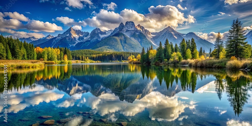 Obraz premium A Serene Reflection of Nature's Majesty, Capturing the Tranquil Beauty of a Pristine Mountain Lake Surrounded by Verdant Forest
