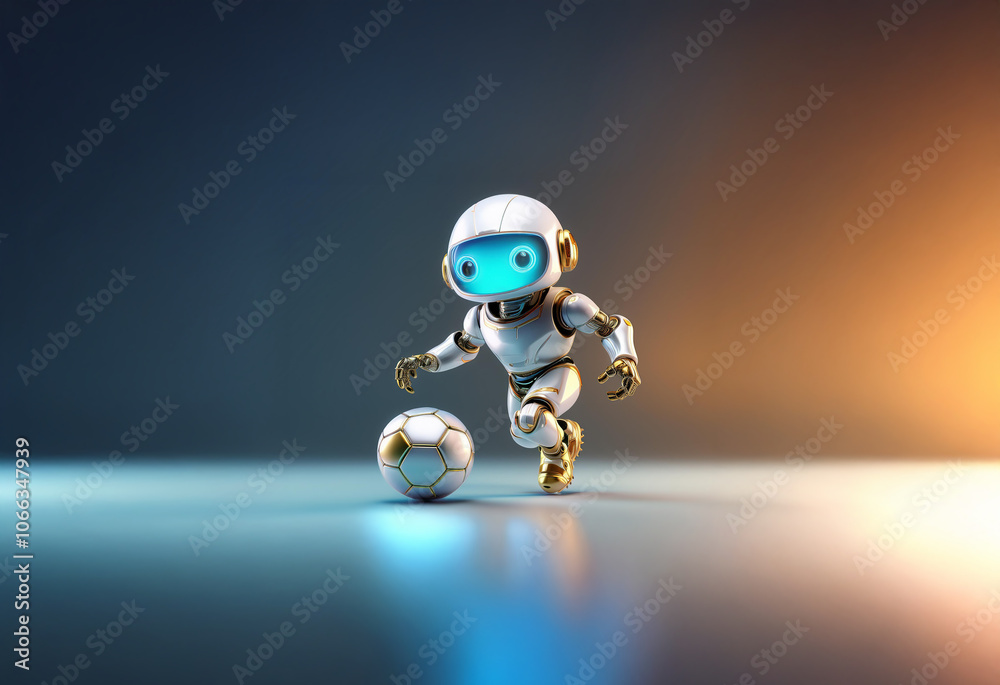 A small white robot with blue eyes kicks a silver soccer ball on a blue and orange background. A small white robot with blue eyes kicks a silver soccer ball on a blue and orange background.