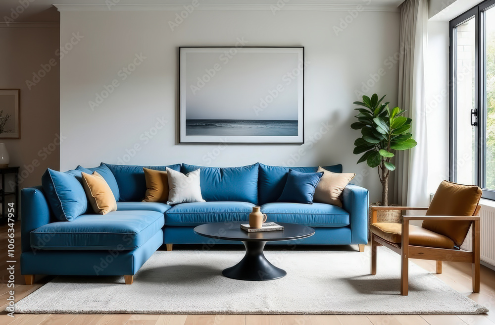 Luxury architecture interior of living room and blue linen sofa. Created using generative artificial intelligence technology. Luxury architecture interior of living room and blue linen sofa. Created using generative artificial intelligence technology.