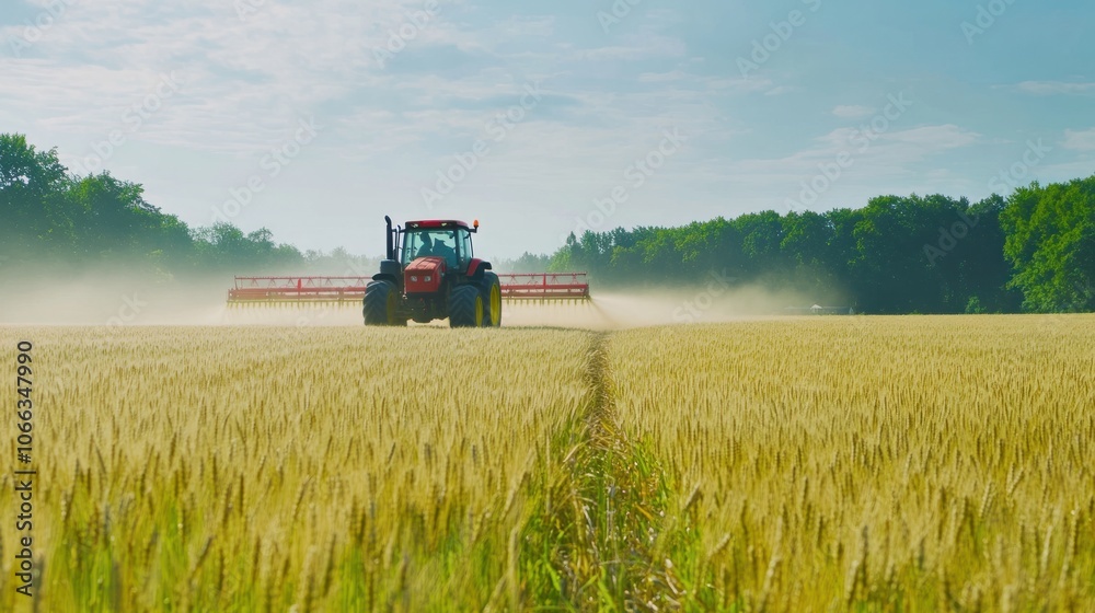 A tractor spraying crops in a golden wheat field under a clear blue sky. A tractor spraying crops in a golden wheat field under a clear blue sky.