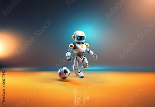 A white robot with blue eyes and yellow accents kicks a soccer ball on a sandy field.