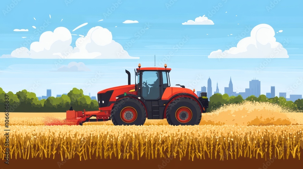 A tractor harvesting wheat in a field with a city skyline in the background. A tractor harvesting wheat in a field with a city skyline in the background.