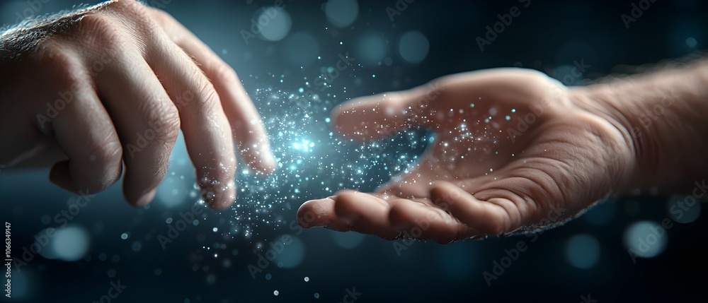 Robot and Human Hands Reaching Through Glowing Data Streams Symbolizing the Future of AI Human Interaction and the Collaborative Potential of Digital Intelligence and Futuristic Art Robot and Human Hands Reaching Through Glowing Data Streams Symbolizing the Future of AI Human Interaction and the Collaborative Potential of Digital Intelligence and Futuristic Art