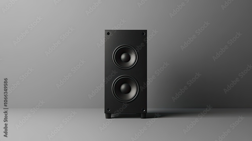 A black subwoofer speaker on a gray background. A black subwoofer speaker on a gray background.