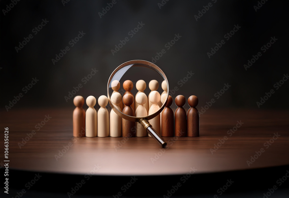 A magnifying glass focuses on a single wooden figure in a row of figures of varying shades of brown. A magnifying glass focuses on a single wooden figure in a row of figures of varying shades of brown.