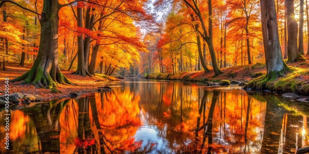 A Serene River Reflects the Golden Hues of Autumn, Creating a Mirrored Landscape of Trees and Water A Serene River Reflects the Golden Hues of Autumn, Creating a Mirrored Landscape of Trees and Water