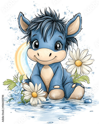 A cute blue donkey is sitting in a pond with flowers. The donkey is smiling and looking at the camera. The flowers are white and are scattered around the pond. Scene is happy and playful photo