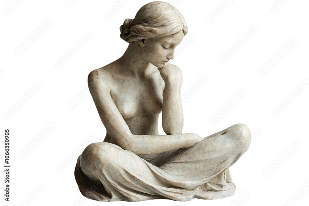 A sculpture of bare-chested woman seated in a contemplative pose, her head resting on her hand, symbolizing introspection and vulnerability, set against a transparent background A sculpture of bare-chested woman seated in a contemplative pose, her head resting on her hand, symbolizing introspection and vulnerability, set against a transparent background