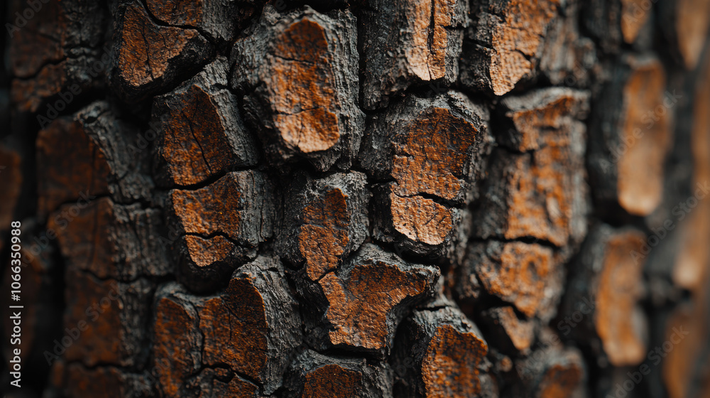 Close-up of a textured tree bark, showcasing burnt orange and dark black tones with deep fissures, highlighting nature's resilience and beauty. Close-up of a textured tree bark, showcasing burnt orange and dark black tones with deep fissures, highlighting nature's resilience and beauty.