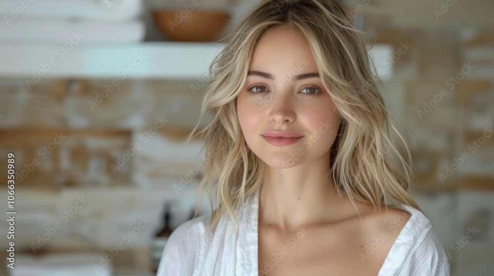 Happy attractive blonde woman in white silky bathrobe posing at white bathroom, smiling at camera, closeup portrait, panorama with copy space. Face and skin care at home concept Happy attractive blonde woman in white silky bathrobe posing at white bathroom, smiling at camera, closeup portrait, panorama with copy space. Face and skin care at home concept