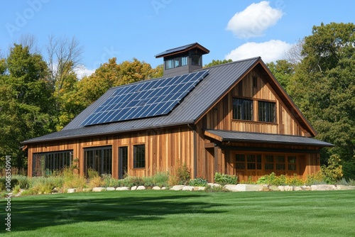 A modern farmhouse with solar panels. This image is ideal for showcasing eco-friendly homes.