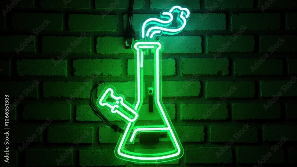 A neon sign marijuana design of a glowing bong with clean, detailed lines, bringing an edgy look to a dark wall A neon sign marijuana design of a glowing bong with clean, detailed lines, bringing an edgy look to a dark wall