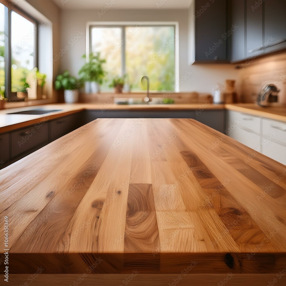 Empty wooden table with a natural oak finish, positioned against a blurred modern kitchen background Empty wooden table with a natural oak finish, positioned against a blurred modern kitchen background