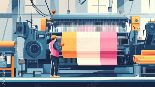 A textile factory worker carefully inspecting the fabric produced by a large loom