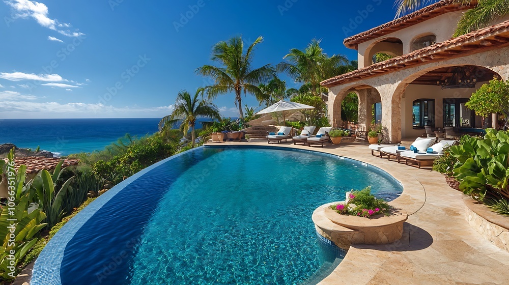 Fototapeta premium Infinity pool overlooking the ocean with a luxurious villa in the background