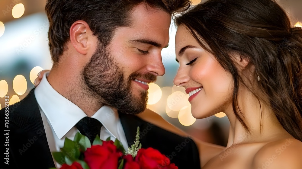 Romantic couple dancing and embracing under twinkling fairy lights surrounded by a beautiful array of red roses Romantic couple dancing and embracing under twinkling fairy lights surrounded by a beautiful array of red roses