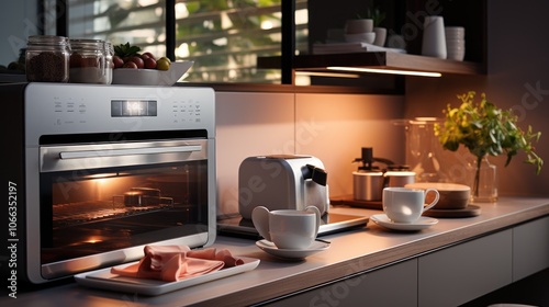 Modern kitchen countertop with a silver oven, toaster, and teacups.