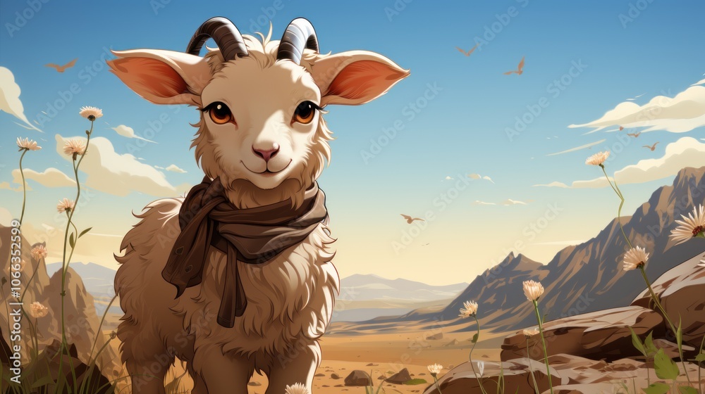 A cute, fluffy goat with a scarf stands in a desert landscape with mountains in the background and a few birds flying overhead. A cute, fluffy goat with a scarf stands in a desert landscape with mountains in the background and a few birds flying overhead.