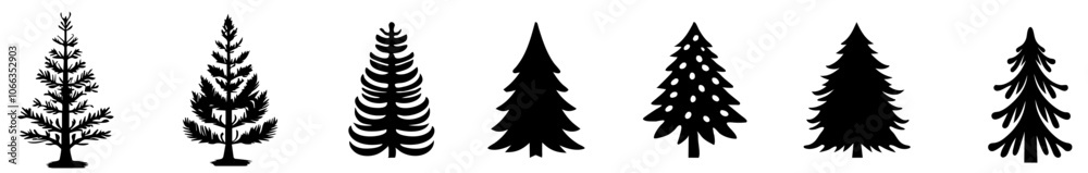 Obraz premium Black and White Christmas Tree Silhouette Vector Set with Festive Lights