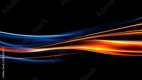 Abstract background with blue and orange gradient light streaks on black, glowing blurred motion effect, glowing horizontal lines