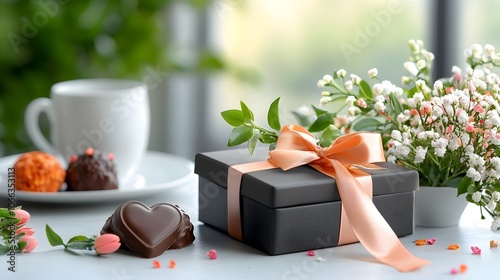 Close up of a heart shaped chocolate box tied with a soft satin ribbon representing the sweet and romantic essence of Valentine s Day photo