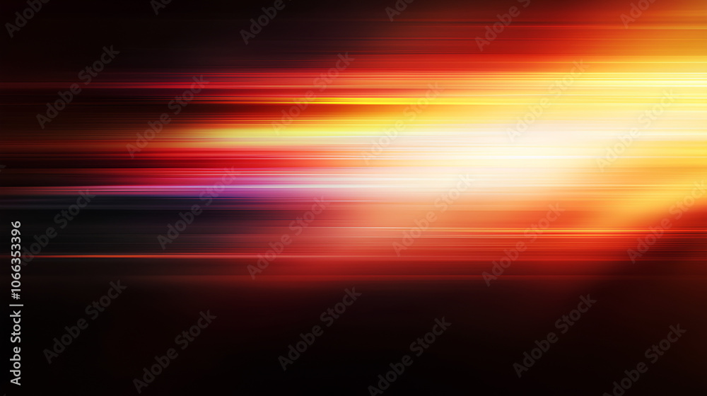 Obraz premium Abstract blurred background with colorful stripes of light on dark orange and black, horizontal lines with gradient effect, glowing and flowing in motion