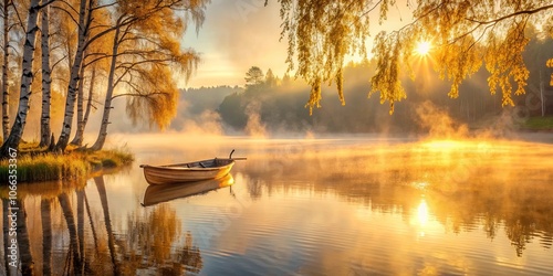 A solitary boat rests on the tranquil waters of a misty lake, bathed in the golden glow of sunrise, as trees stand sentinel along the shore, their leaves ablaze with autumnal hues.