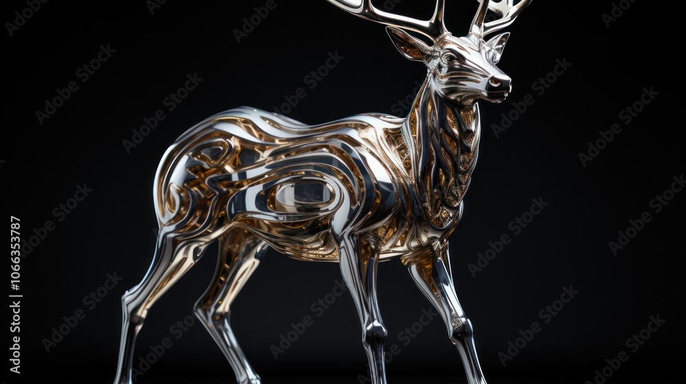 A silver and gold deer sculpture on a black background. A silver and gold deer sculpture on a black background.