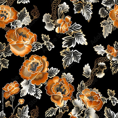 Wallpaper Mural A beautiful floral pattern with large, orange flowers and delicate grey leaves on a black background. Torontodigital.ca