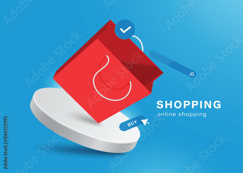 Red shopping paper bag, search bar, order confirmation icon and buy button floating in mid-air on a white circular podium, vector 3d on blue background for online shopping concept design