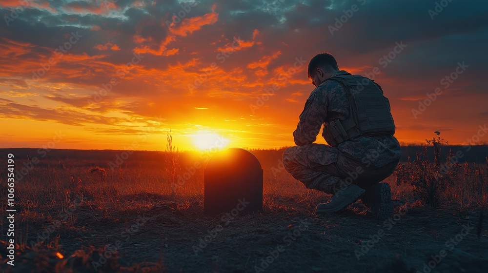 A soldier kneeling in front of a grave. This photo captures the solemn moment of remembrance and respect. A soldier kneeling in front of a grave. This photo captures the solemn moment of remembrance and respect.