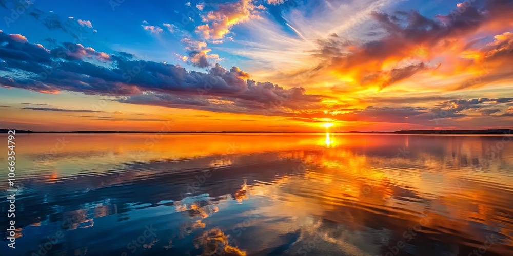 The fiery sunset paints the sky with vibrant hues, reflecting on the still surface of the water, creating a breathtaking spectacle of nature's artistry.