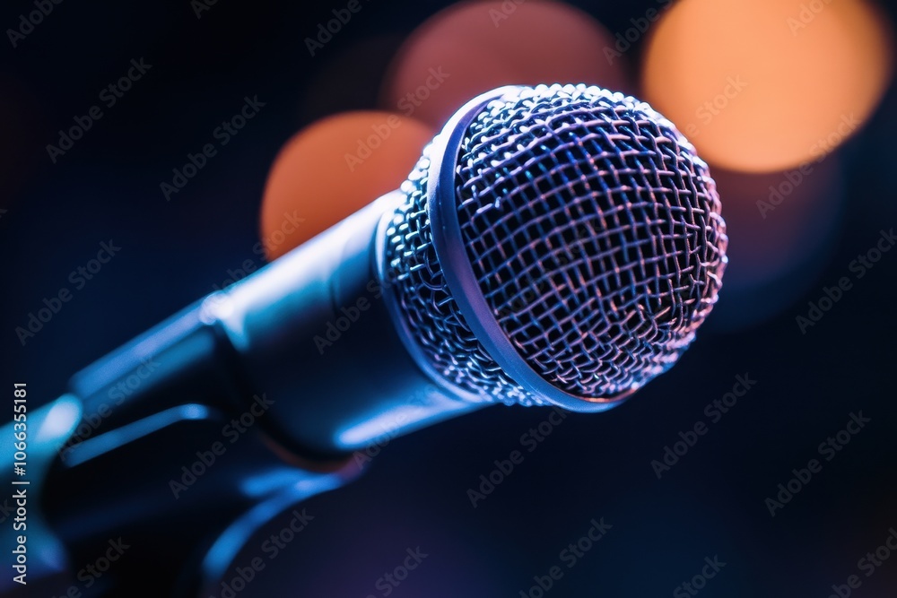Obraz premium Close-up shot of microphone. Perfect for presentations, live performances, and music events.