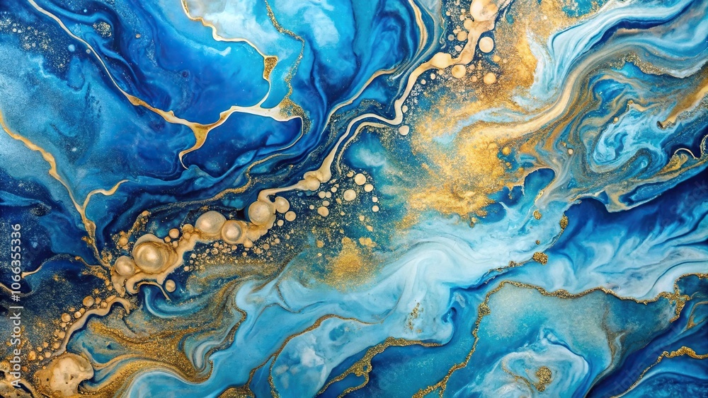Abstract blue and gold fluid art painting with marbled texture and bubbly details Abstract blue and gold fluid art painting with marbled texture and bubbly details