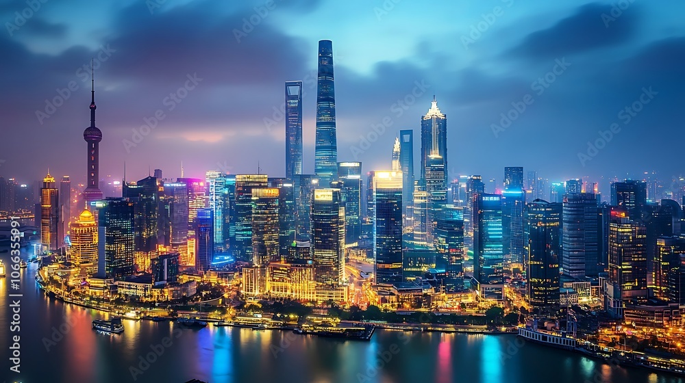 Illuminated Shanghai Skyline at Dusk with the Pearl Tower and Skyscrapers Reflecting in the Water Illuminated Shanghai Skyline at Dusk with the Pearl Tower and Skyscrapers Reflecting in the Water