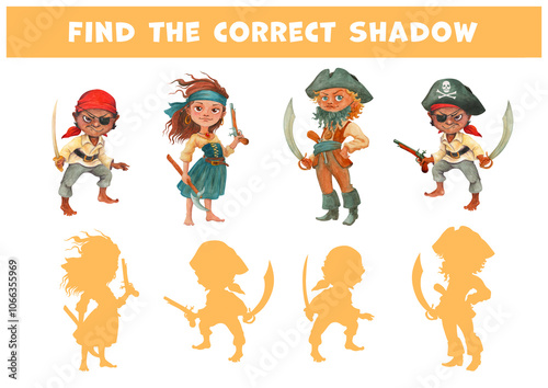 Find the correct shadow of cool pirate children. Educational matching game with watercolor hand drawn pre-teen cartoon characters in pirate clothing for pirate party or speak like a pirate day.