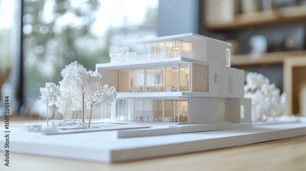 A detailed architectural model of a modern house with surrounding greenery. A detailed architectural model of a modern house with surrounding greenery.