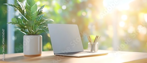 Serene and Productive Home Office Setup with Natural Light A Minimalist Wooden Desk Comfortable Chair and Warm Sunlight Streaming Through a Large Window for a Cozy and Inspiring Workspace photo