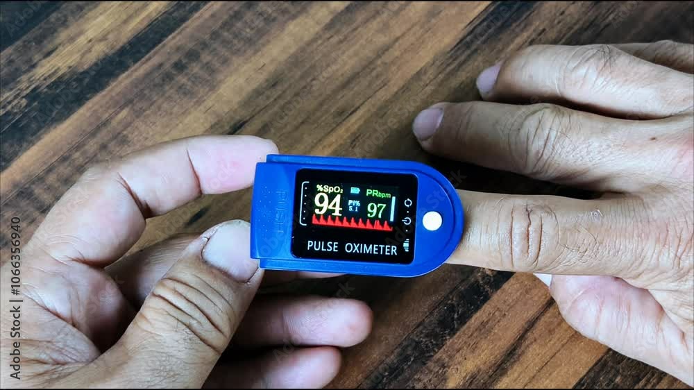 A man inserts his finger into a pulse oximeter to measure blood oxygen saturation and heart rate. A man inserts his finger into a pulse oximeter to measure blood oxygen saturation and heart rate.
