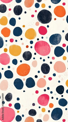A vibrant and playful polka dot pattern, with large multicolored dots on a white background