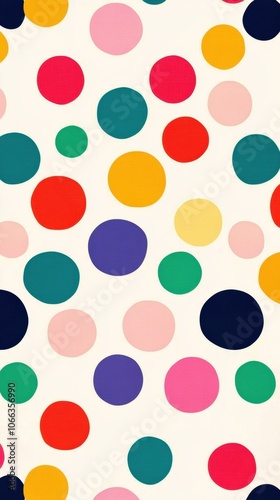 A vibrant and playful polka dot pattern, with large multicolored dots on a white background