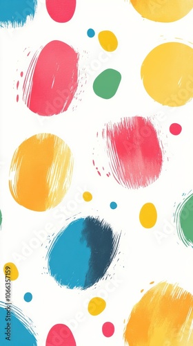 A vibrant and playful polka dot pattern, with large multicolored dots on a white background