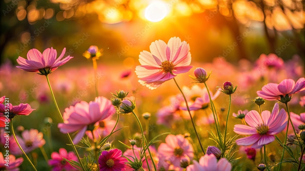 Delicate pink flowers swaying gently in a field bathed in the golden glow of a setting sun, creating a symphony of color and light. Delicate pink flowers swaying gently in a field bathed in the golden glow of a setting sun, creating a symphony of color and light.