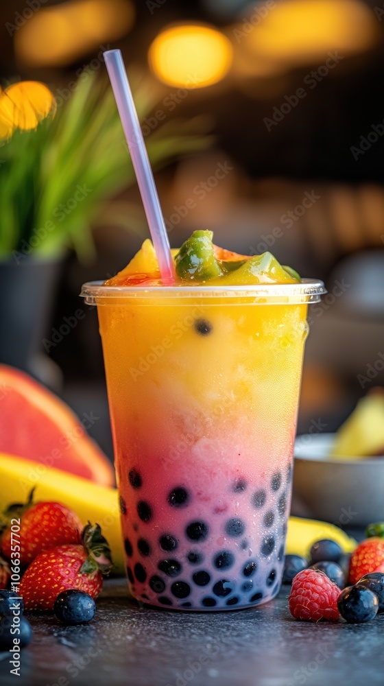 custom made wallpaper toronto digitalA vibrant cup of bubble tea with colorful boba tapioca pearls at the bottom, served in a clear plastic cup with a wide straw,