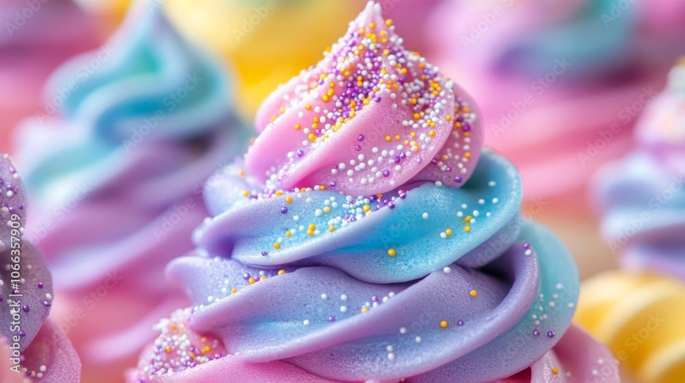Close-up of Multicolored Swirled Frosting with Sprinkles Close-up of Multicolored Swirled Frosting with Sprinkles