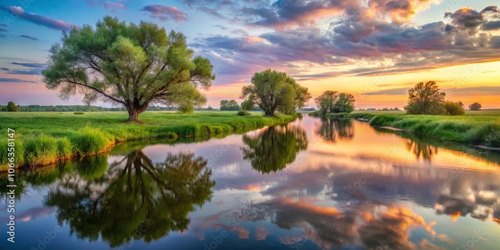 Obraz premium Serene River Reflection of a Vivid Sunset Sky, Lush Green Grass, and Silhouettes of Trees