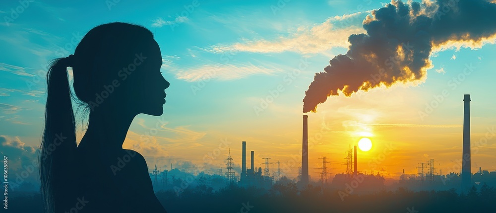 Silhouette of a woman against an industrial skyline with smoke and sunset, representing the impact of pollution and climate change.