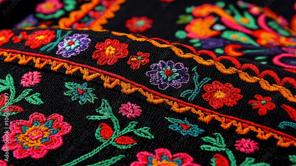 Vibrant embroidered fabric showcasing intricate floral patterns and rich colors on a black background. Vibrant embroidered fabric showcasing intricate floral patterns and rich colors on a black background.