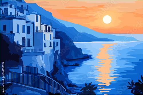 vacation in Italy blue and white sunset vector art illustration design background